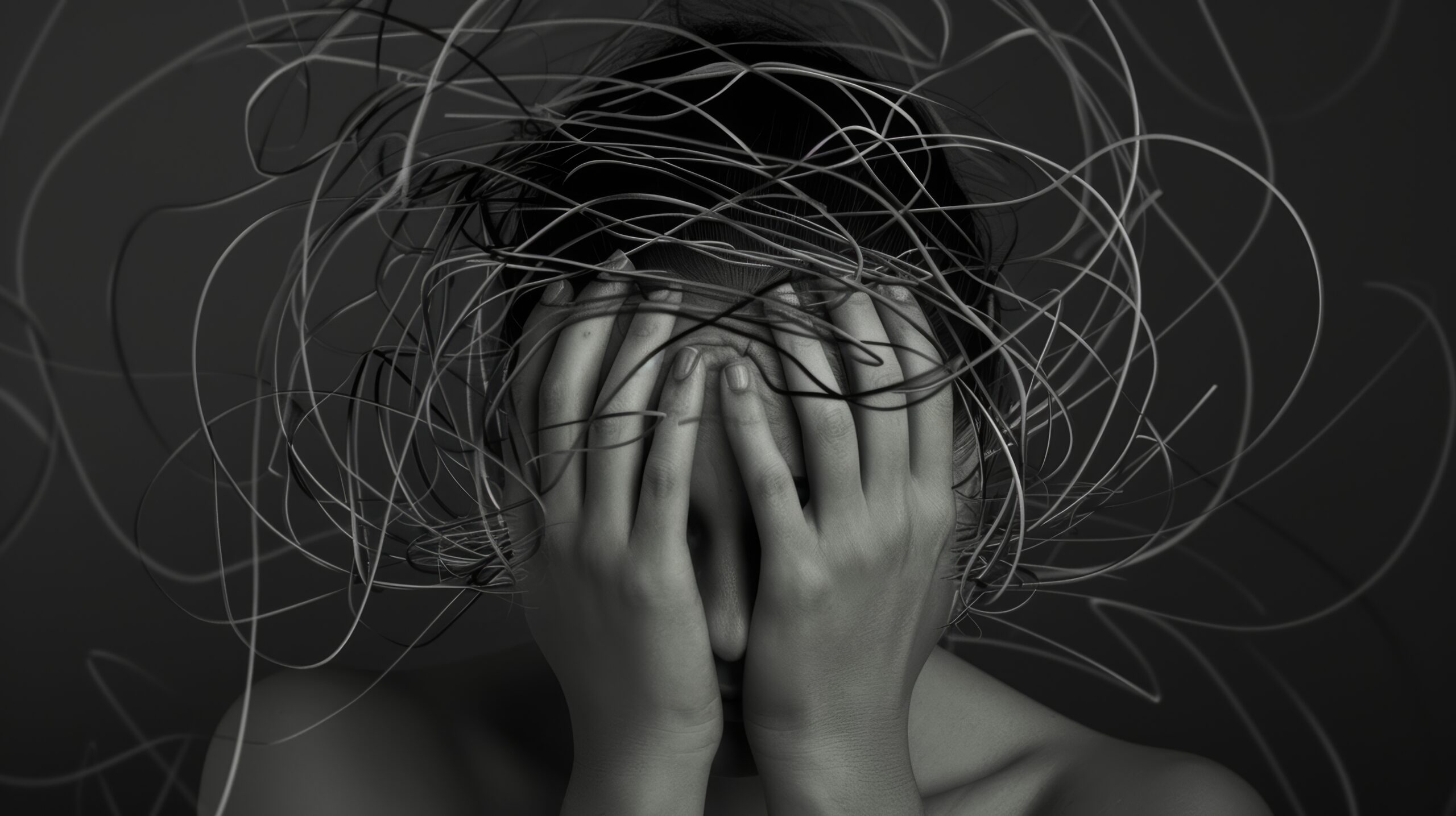 A woman hides her face with her hands, surrounded by tangled lines, representing stress and anxiety.